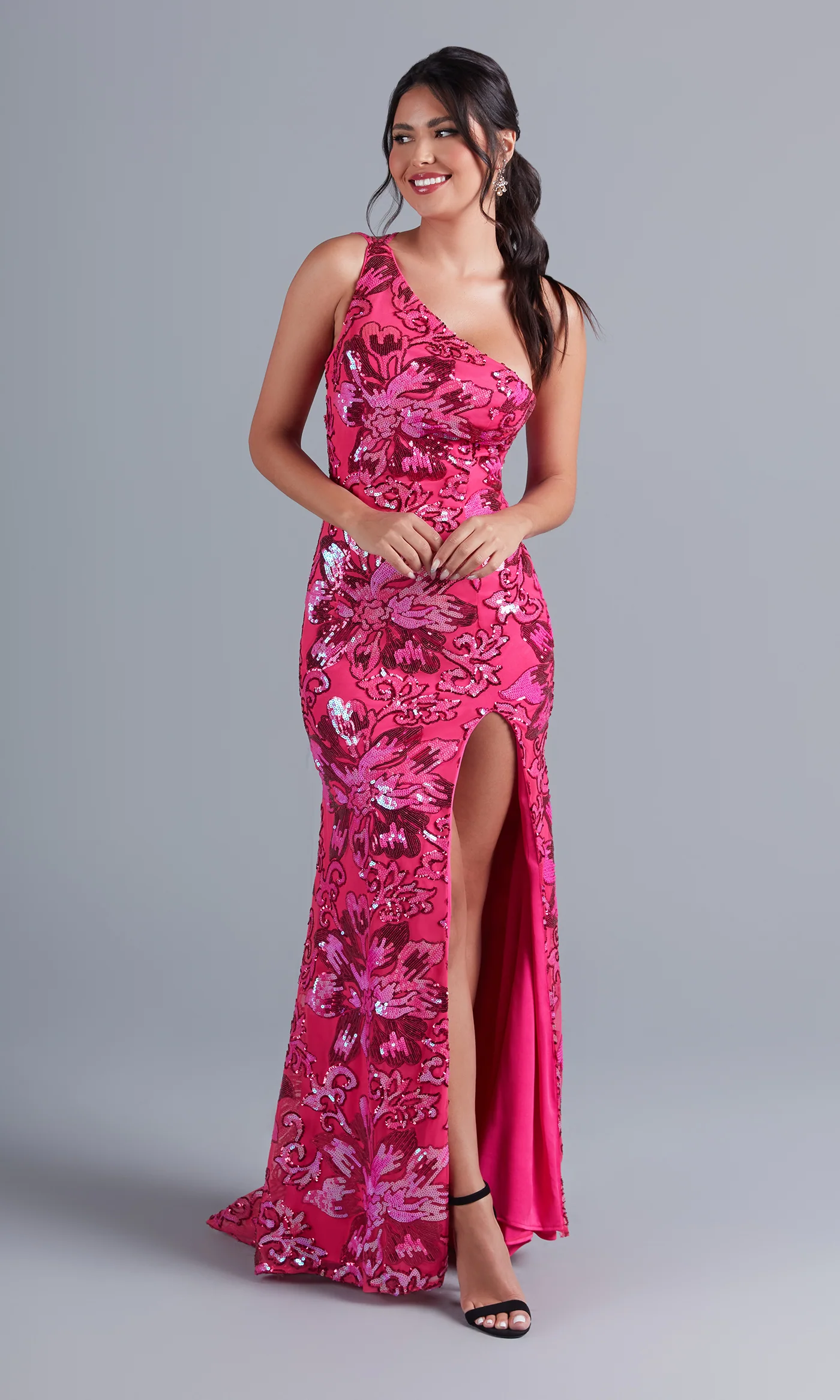 Hot Pink One-Shoulder Sequin Long Formal Dress