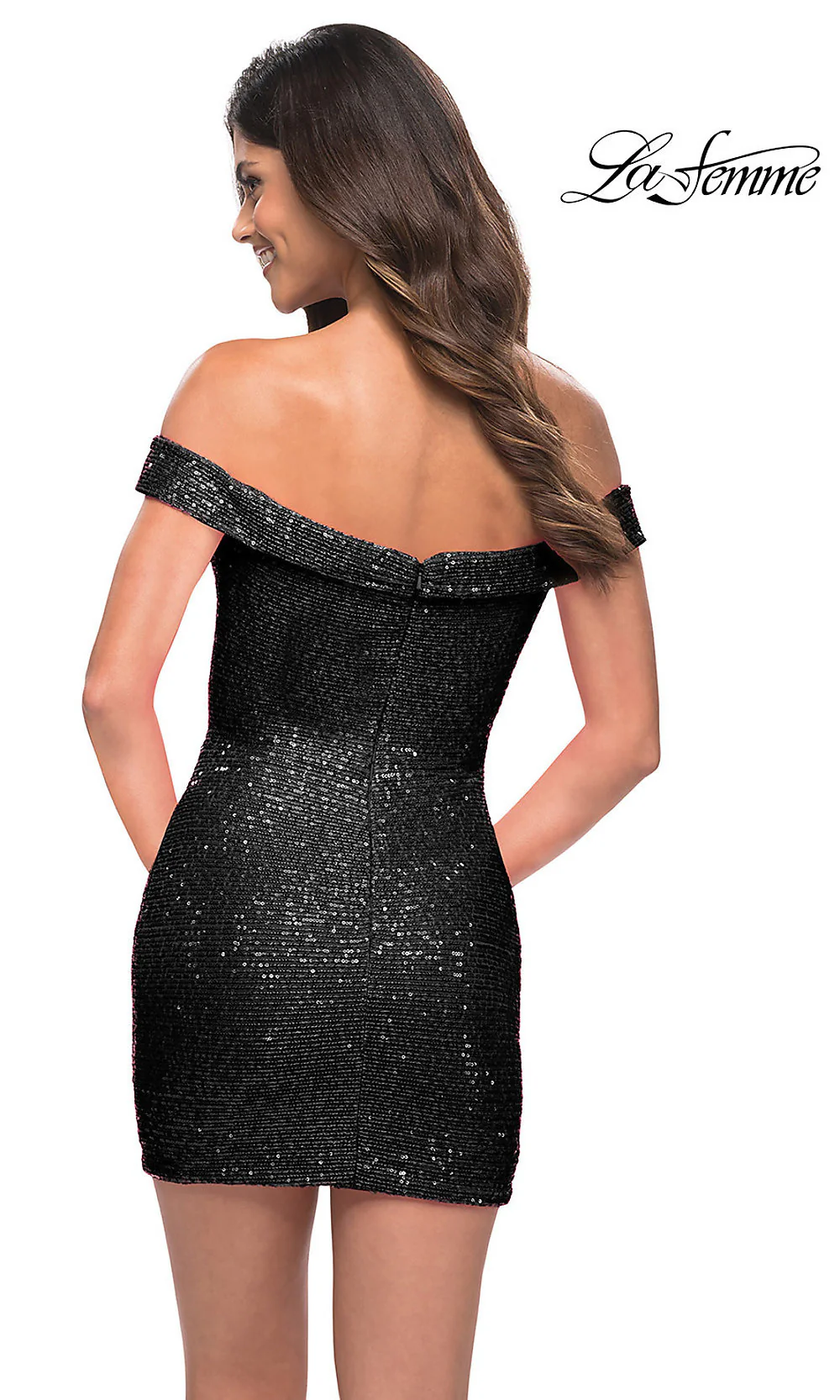 La Femme Off-the-Shoulder Short Black Sequin Dress