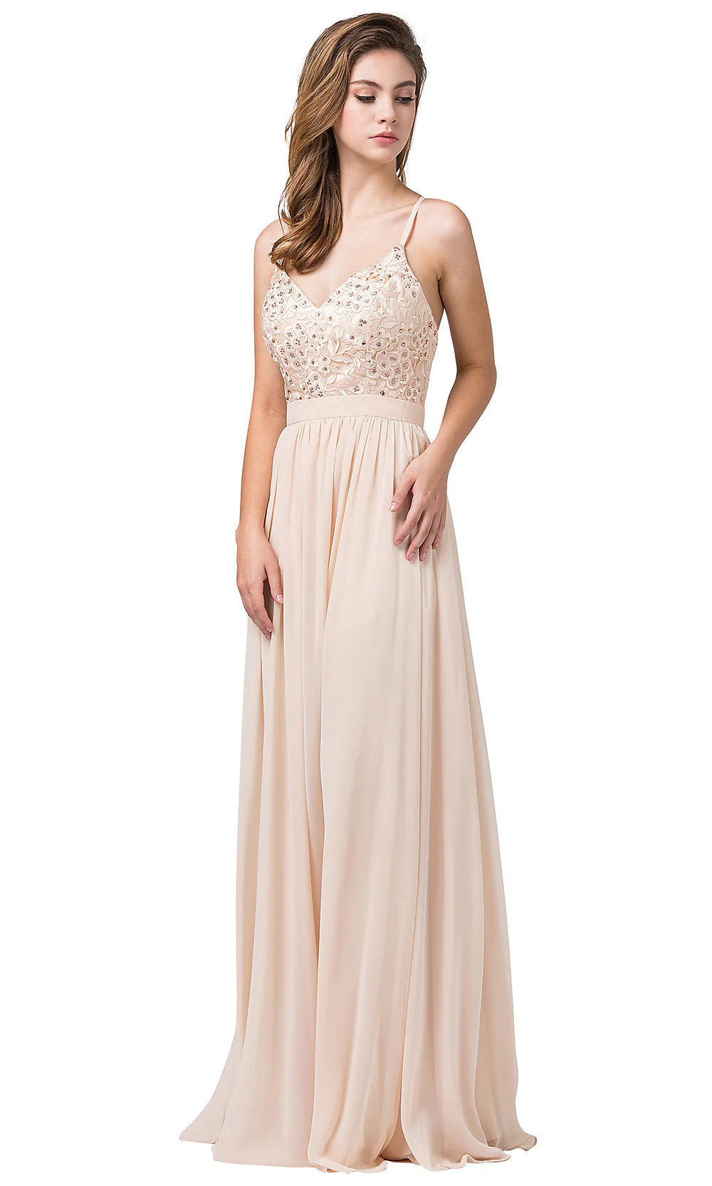 V-Neck Chiffon Formal Evening Dress with Embroidery