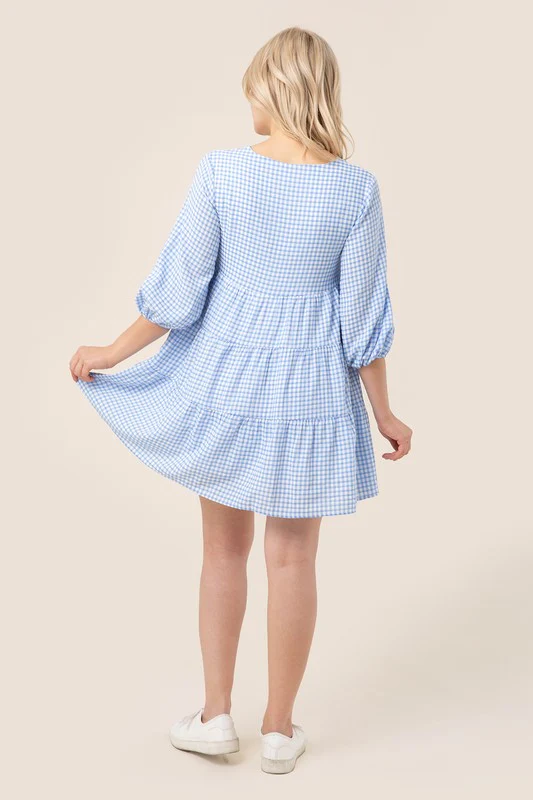 Sleeved Tiered Gingham Short Casual Swing Dress