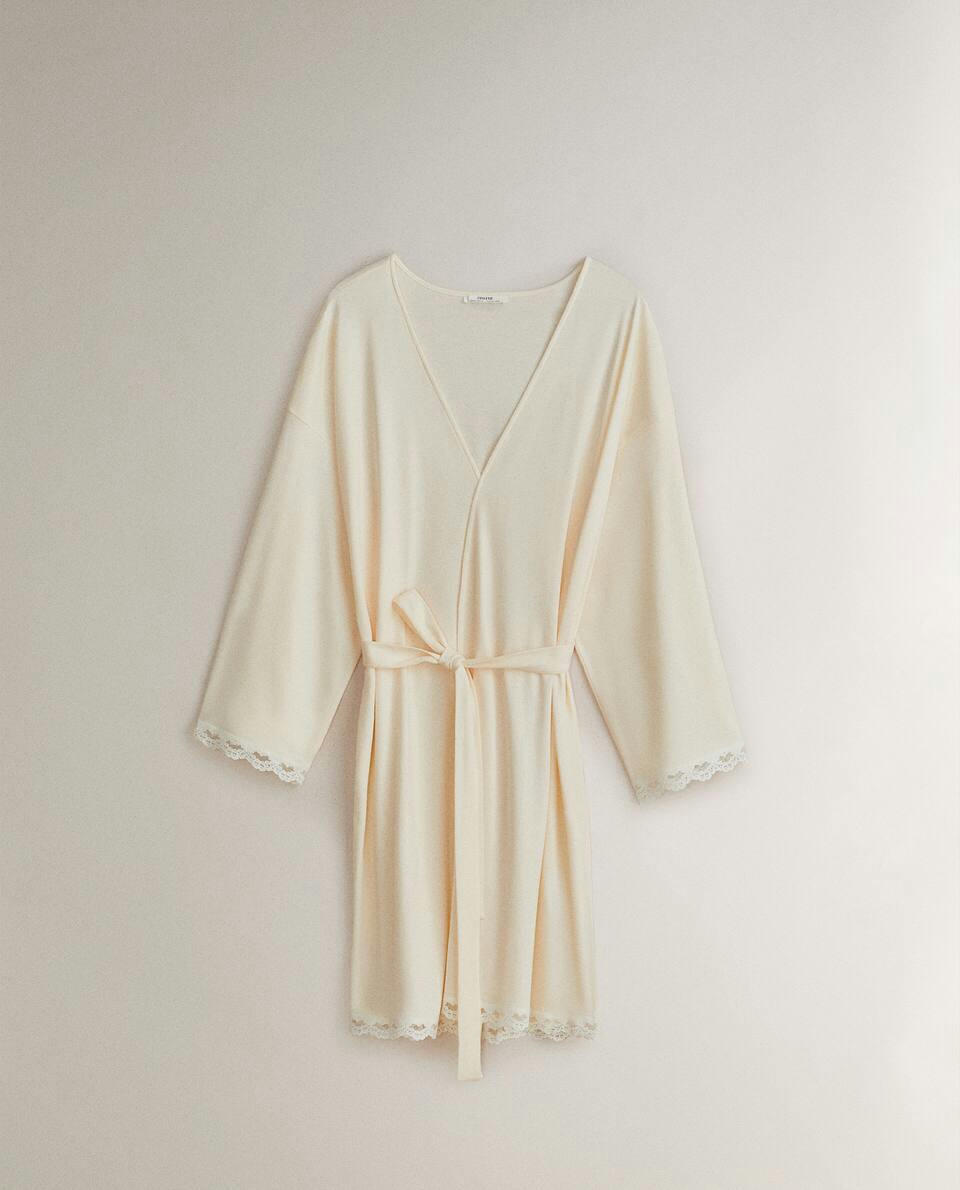 COTTON DRESSING GOWN WITH LACE TRIM