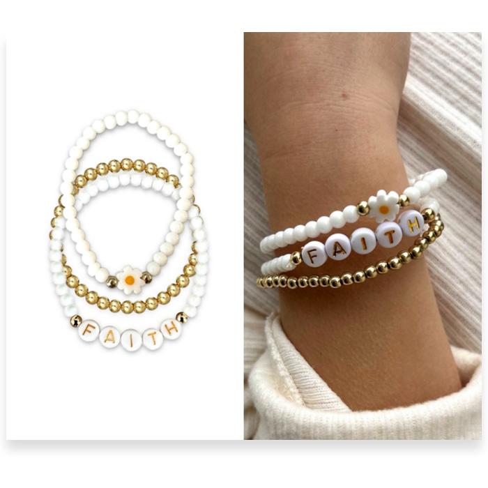 Faith Daisy Bead Stacking Bracelets, 3 Piece Set