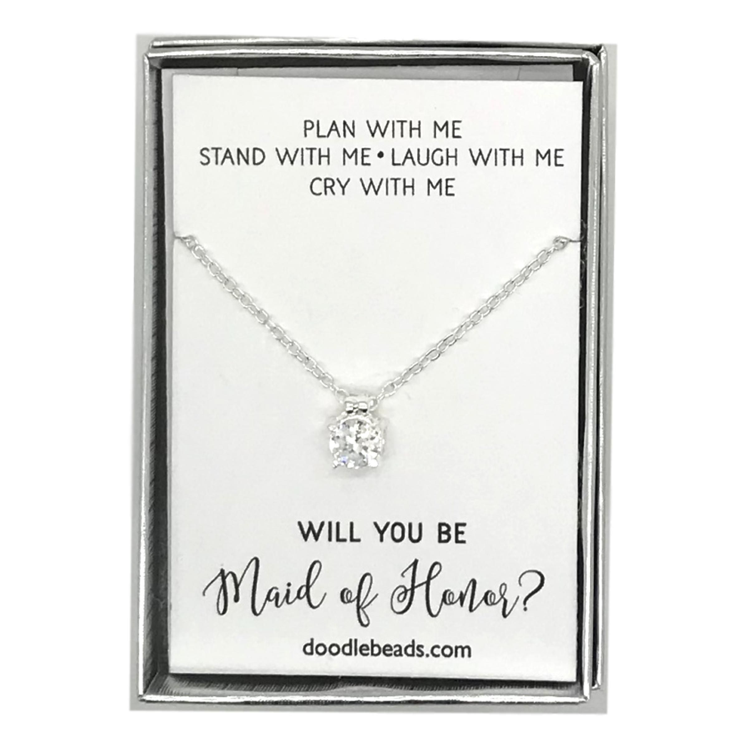 CZ Solitaire Necklace, Plan with me Stand with me -Maid of Honor Proposal