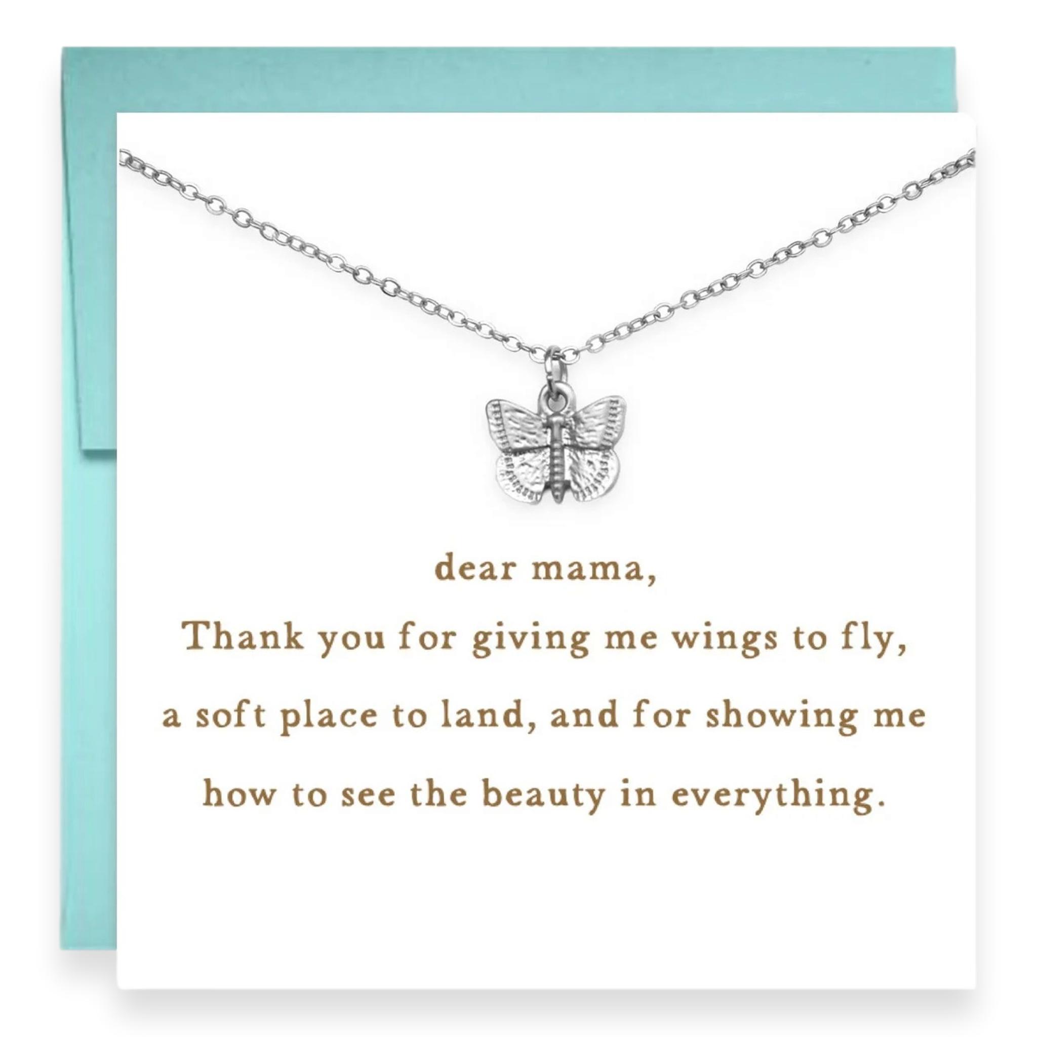 Dear Mama, Butterfly Necklace with Tiny Card Print