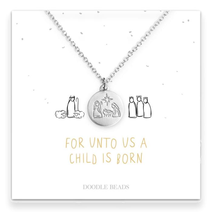Mary Joseph Baby Jesus Nativity Christmas Necklace, A Child is Born Manger Scene Card