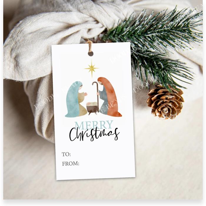 Printable Christmas Gift Tags, Nativity, Set of Four