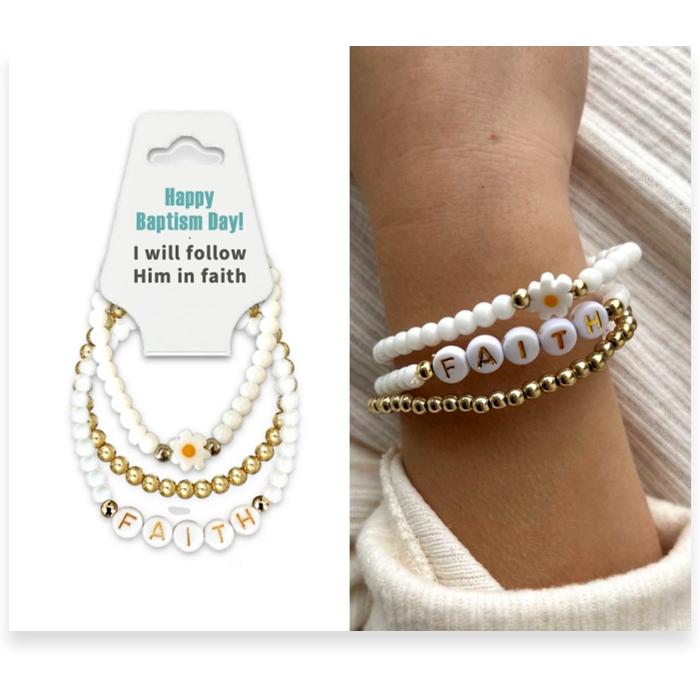LDS Baptism Beaded Bracelet Gift Set for Girl, 3 Piece Faith Daisy Bead Stacking Bracelets
