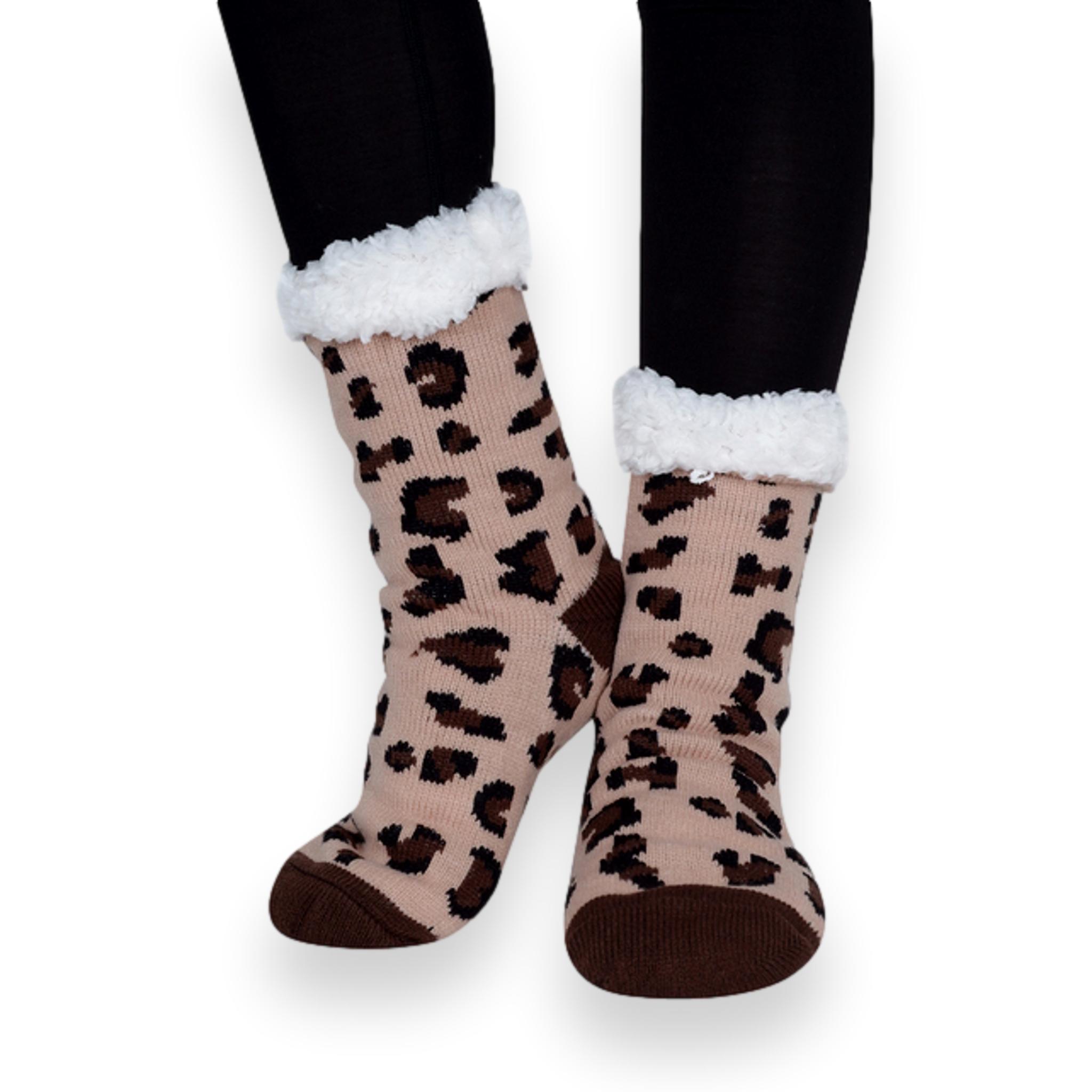 Leopard Print Plush Sherpa Slipper Socks For Women