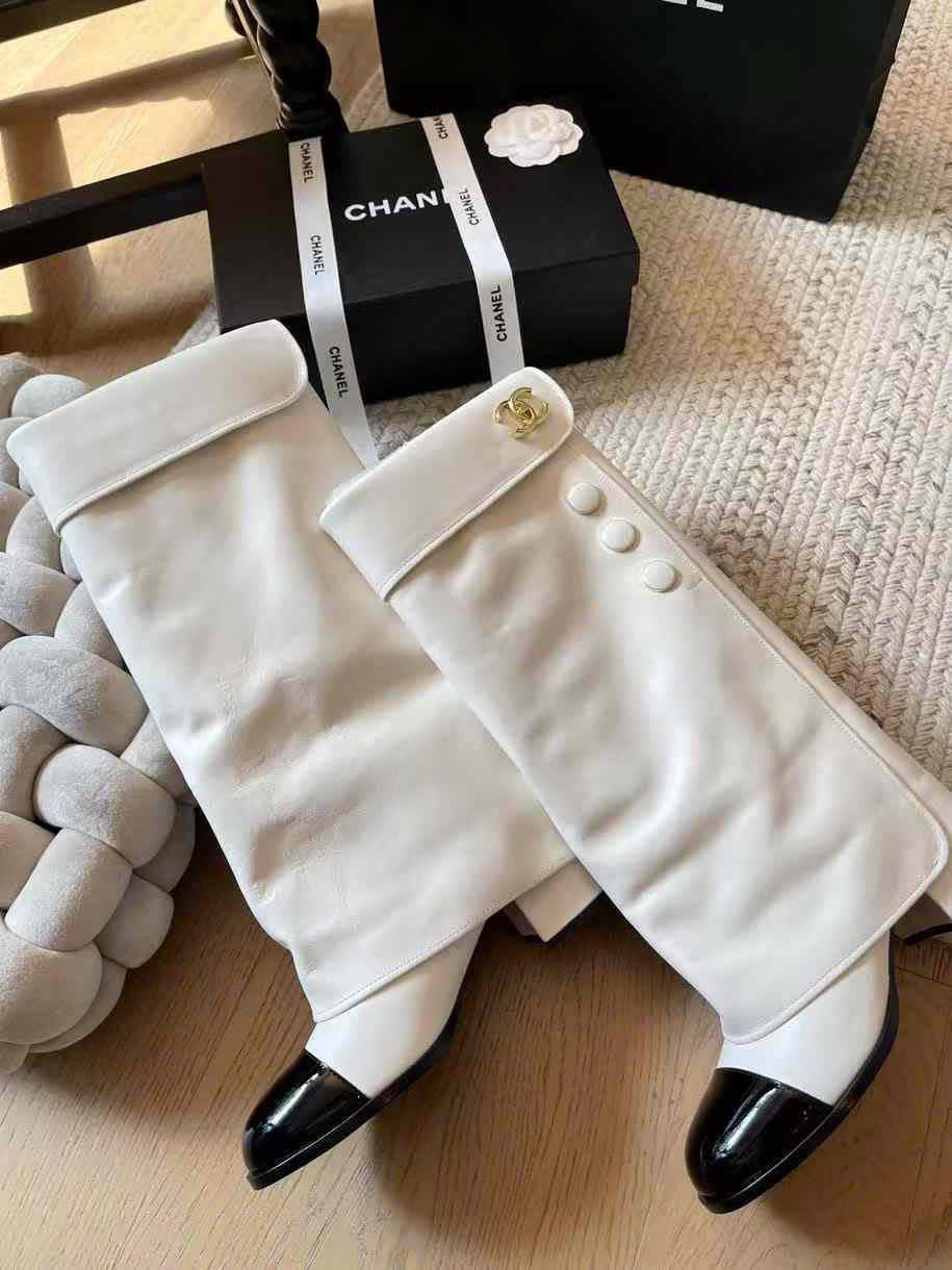 (1:1 replica) Chanel LeathermRound-Toe Knee-Hight Boots
