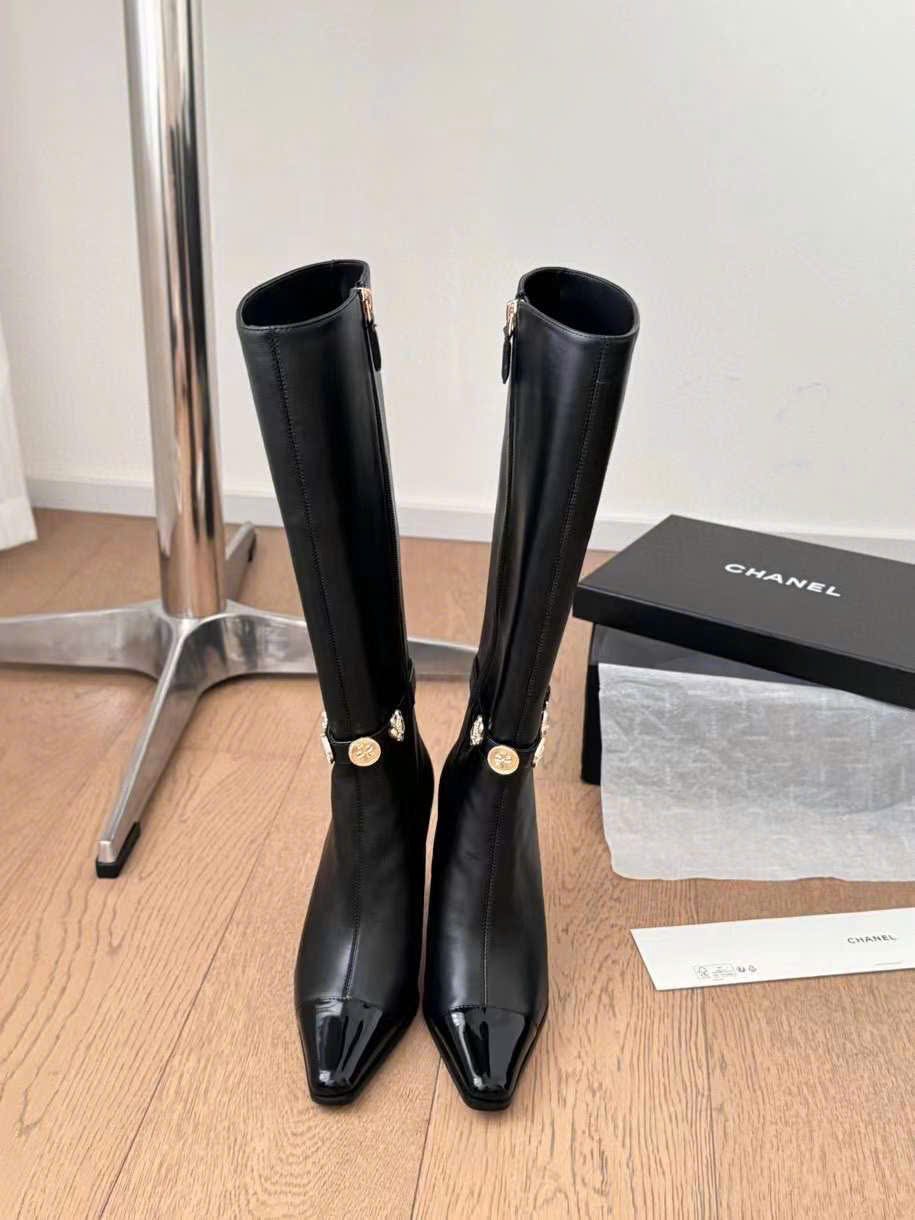 (1:1 replica) Chanel Leather Long Boots C Logo