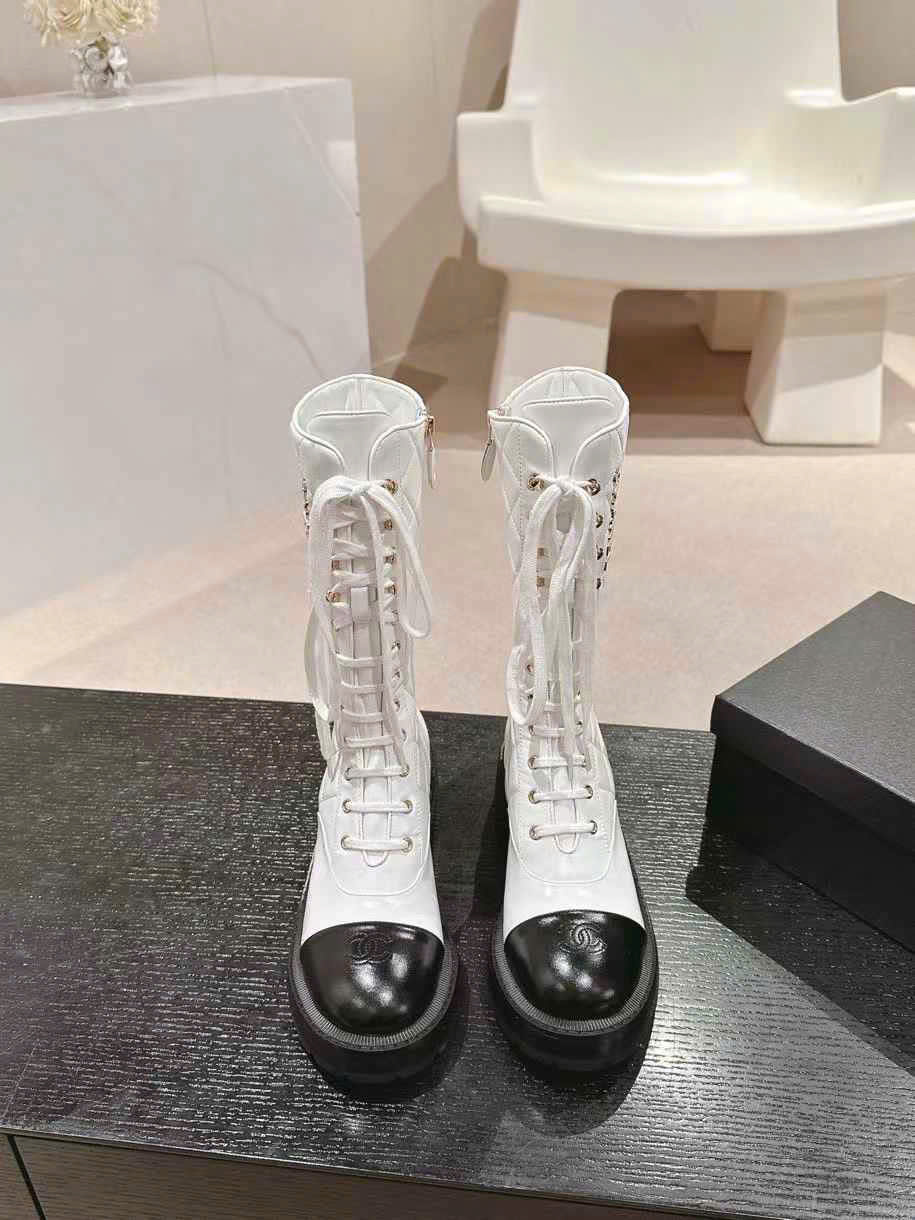 (1:1 replica) Chanel Leather Lambskin Lace up Boots
