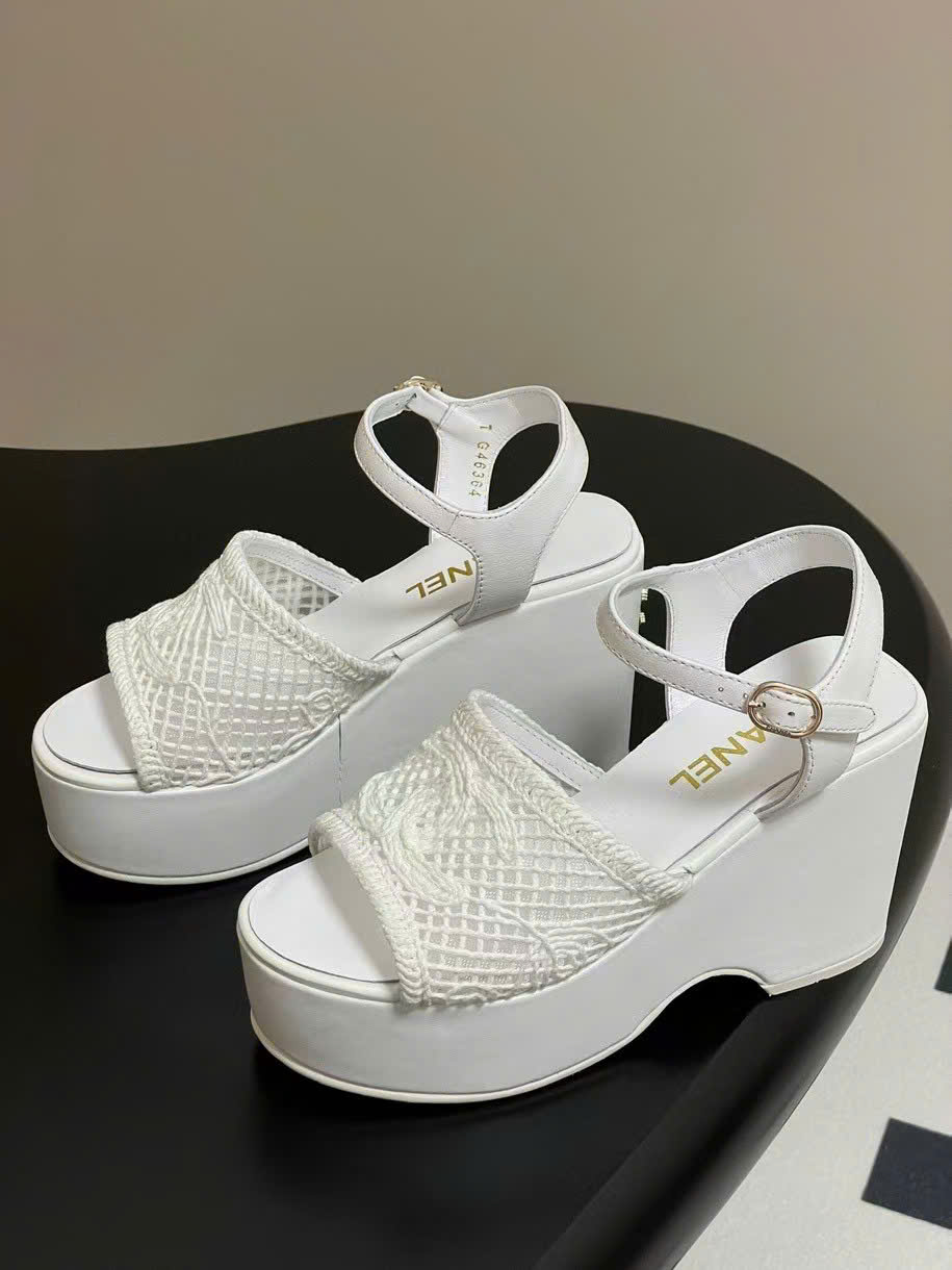(1:1 replica) Chanel Vintages C Logo Wedges Sandal 10cm