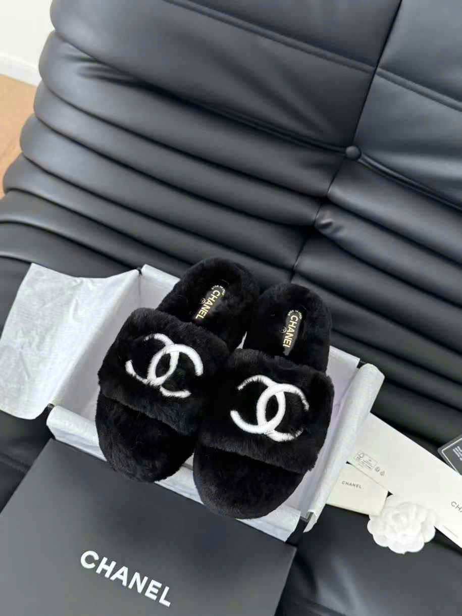 (1:1 replica) Chanel Rubber Sole Fur Slippers