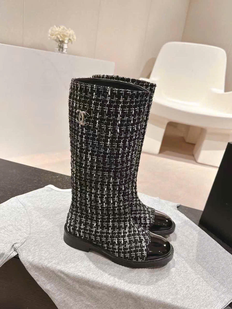 (1:1 replica) Chanel Canvas With Leather Lace Up Boots