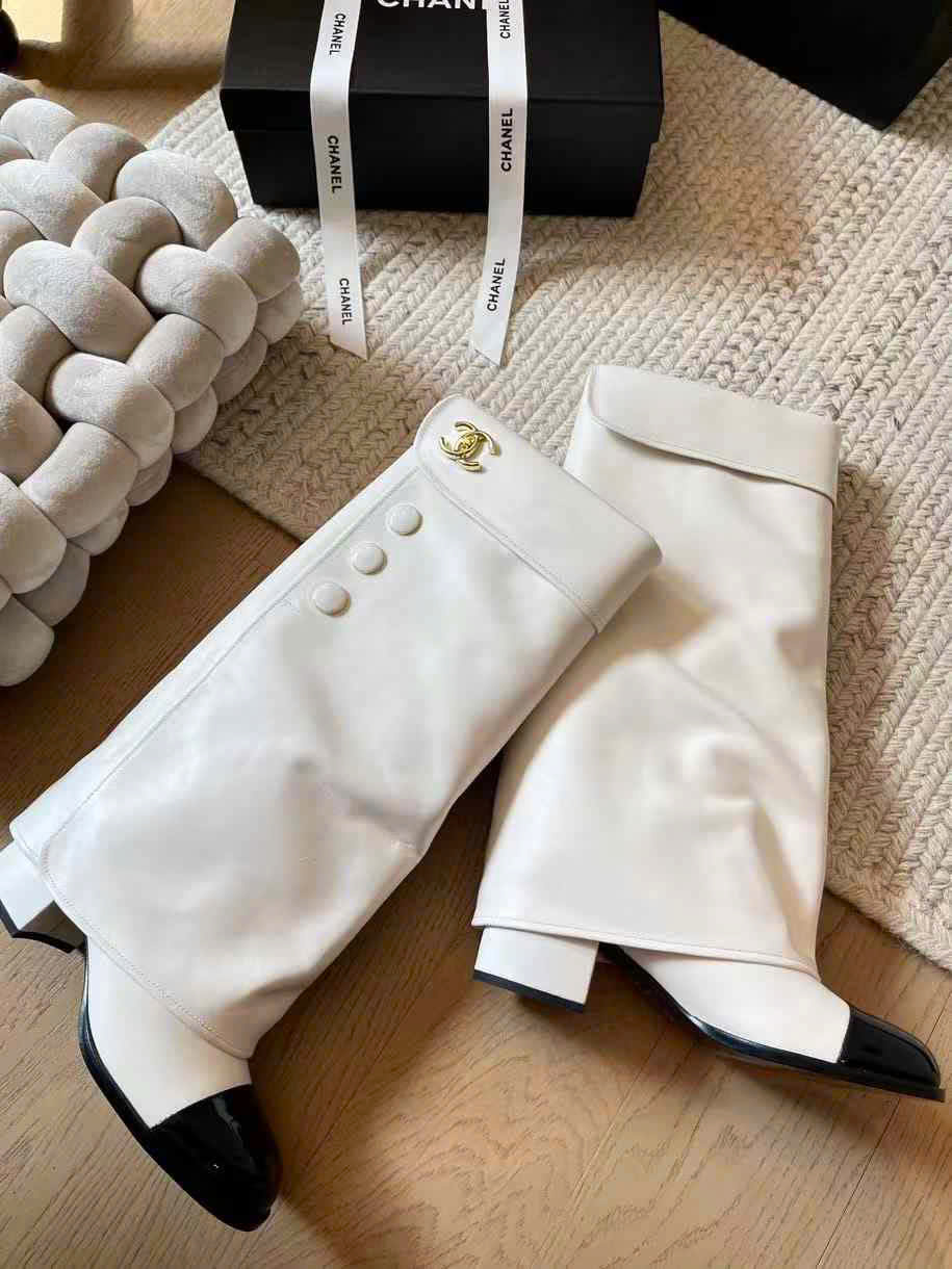 (1:1 replica) Chanel LeathermRound-Toe Knee-Hight Boots