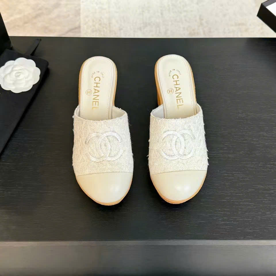 (1:1 replica) Chanel C Logo Wedges Open Back Shoes