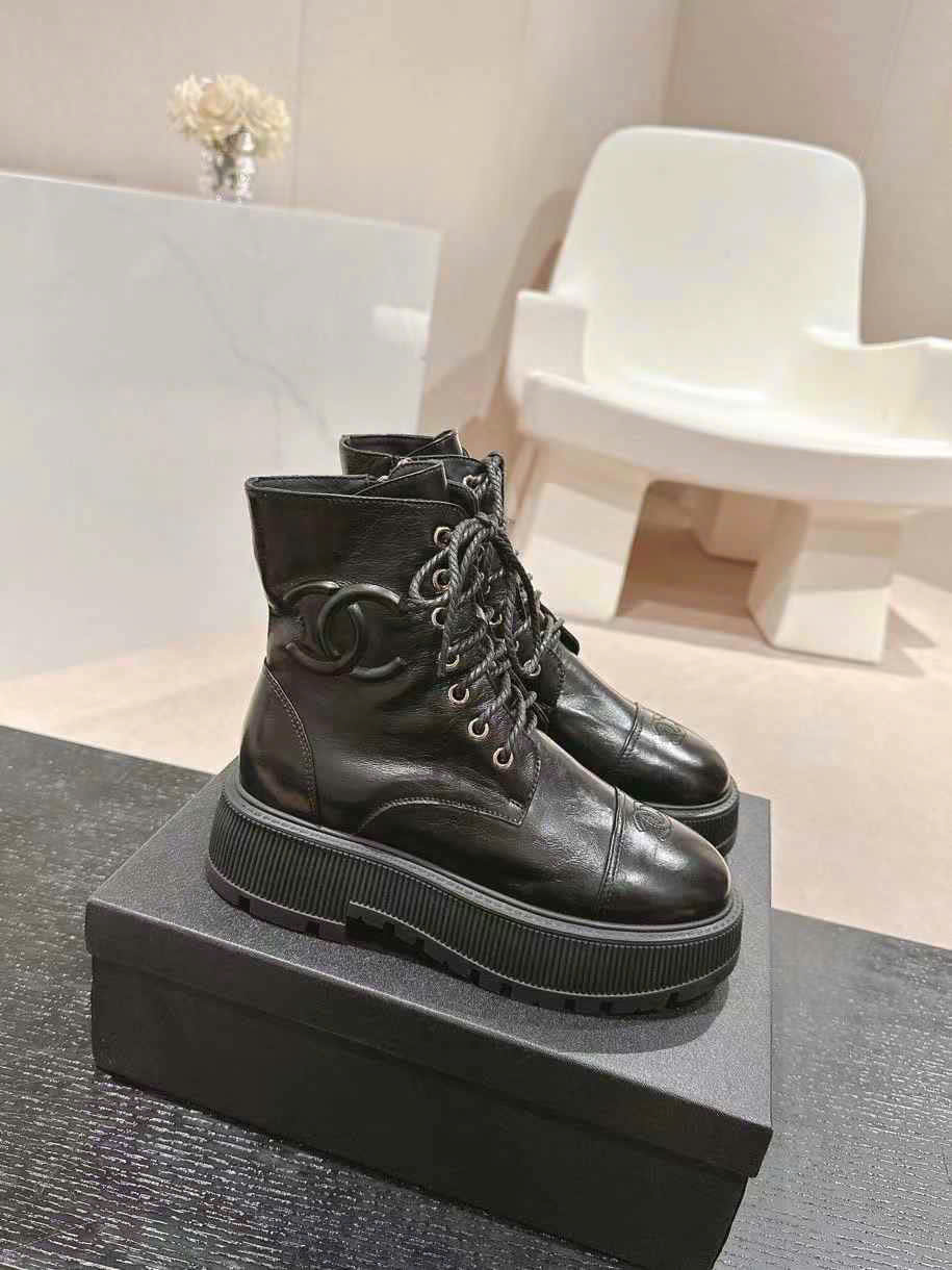 (1:1 replica) Chanel Leather Lace Up Ankle Boots