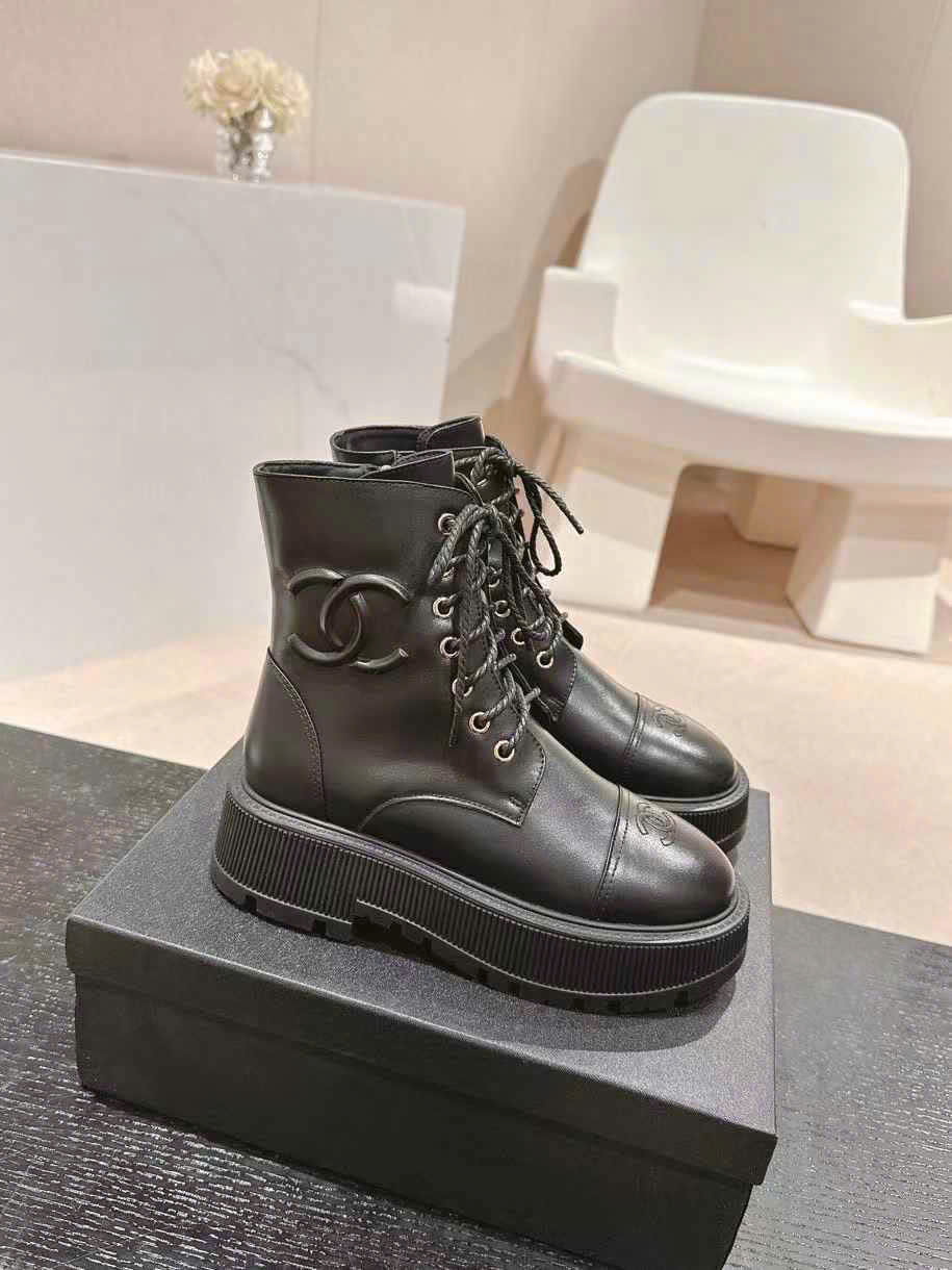 (1:1 replica) Chanel Leather Lace Up Ankle Boots