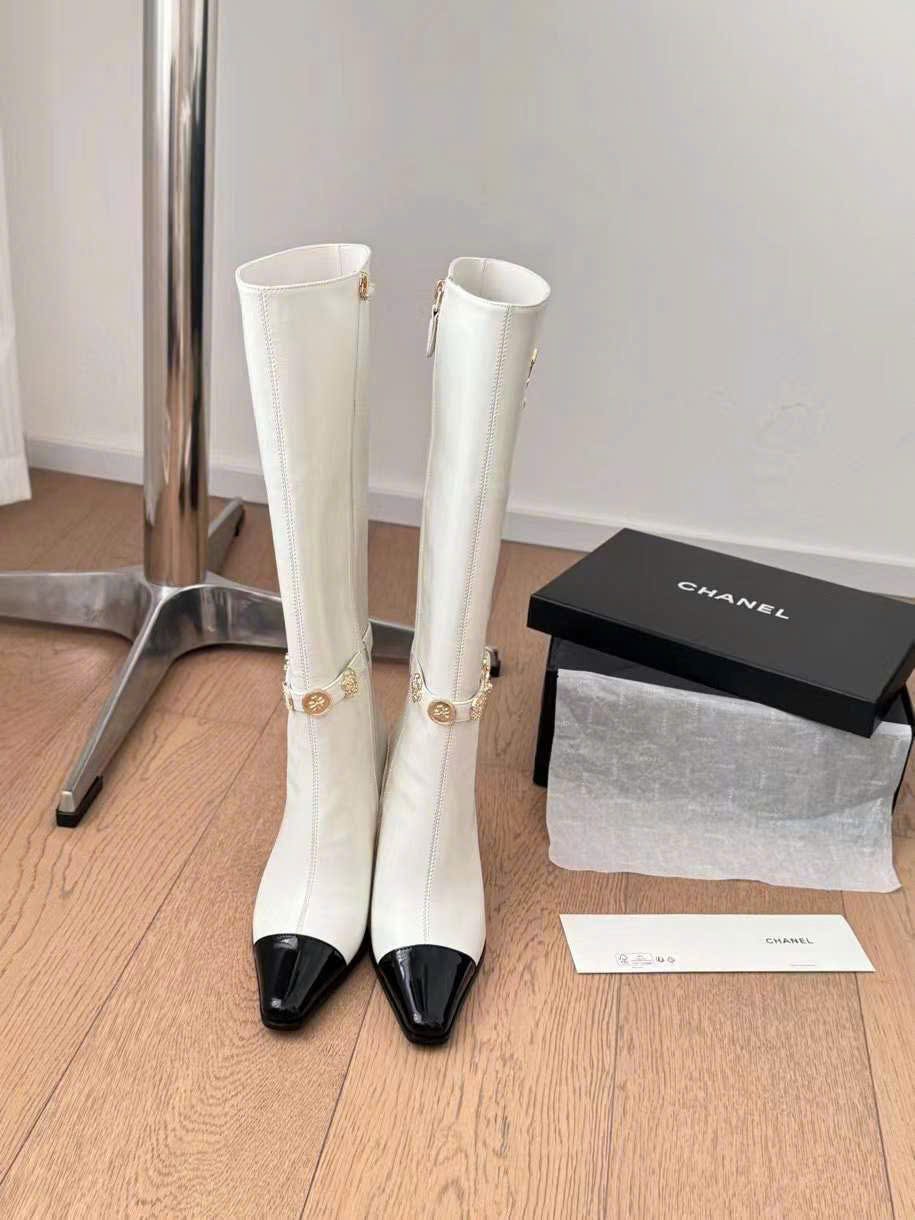(1:1 replica) Chanel Leather Long Boots C Logo