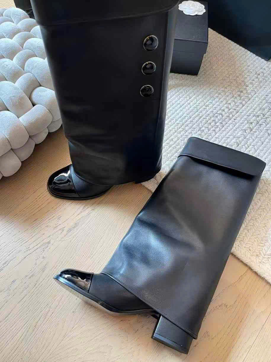 (1:1 replica) Chanel LeathermRound-Toe Knee-Hight Boots