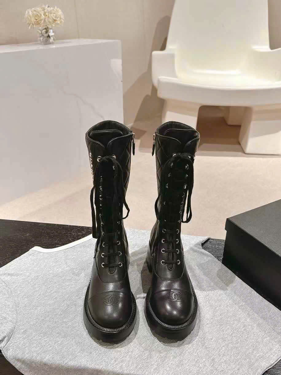 (1:1 replica) Chanel Leather Lambskin Lace up Boots