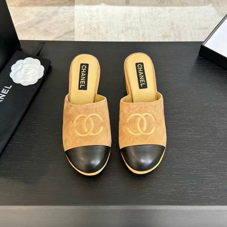 (1:1 replica) Chanel C Logo Wedges Open Back Shoes