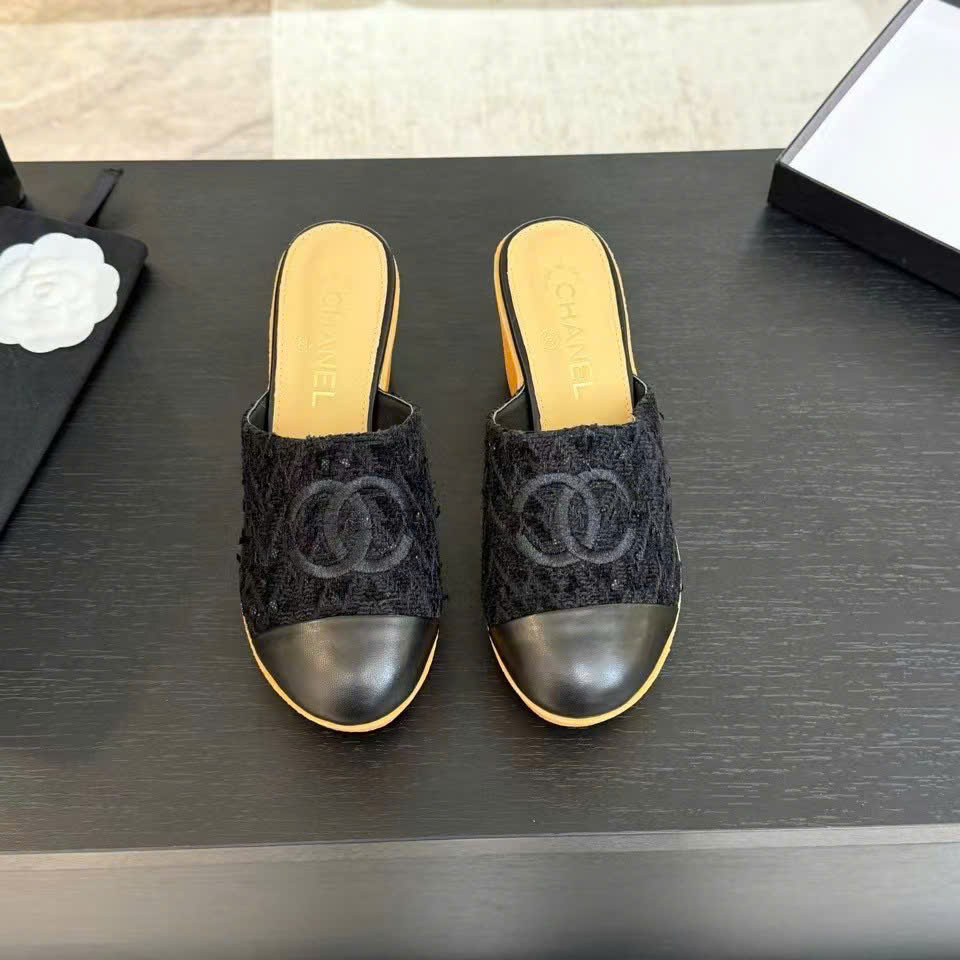 (1:1 replica) Chanel C Logo Wedges Open Back Shoes
