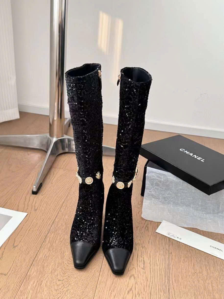 (1:1 replica) Chanel Leather Long Boots C Logo