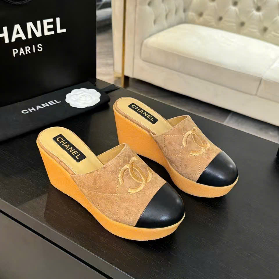 (1:1 replica) Chanel C Logo Wedges Open Back Shoes
