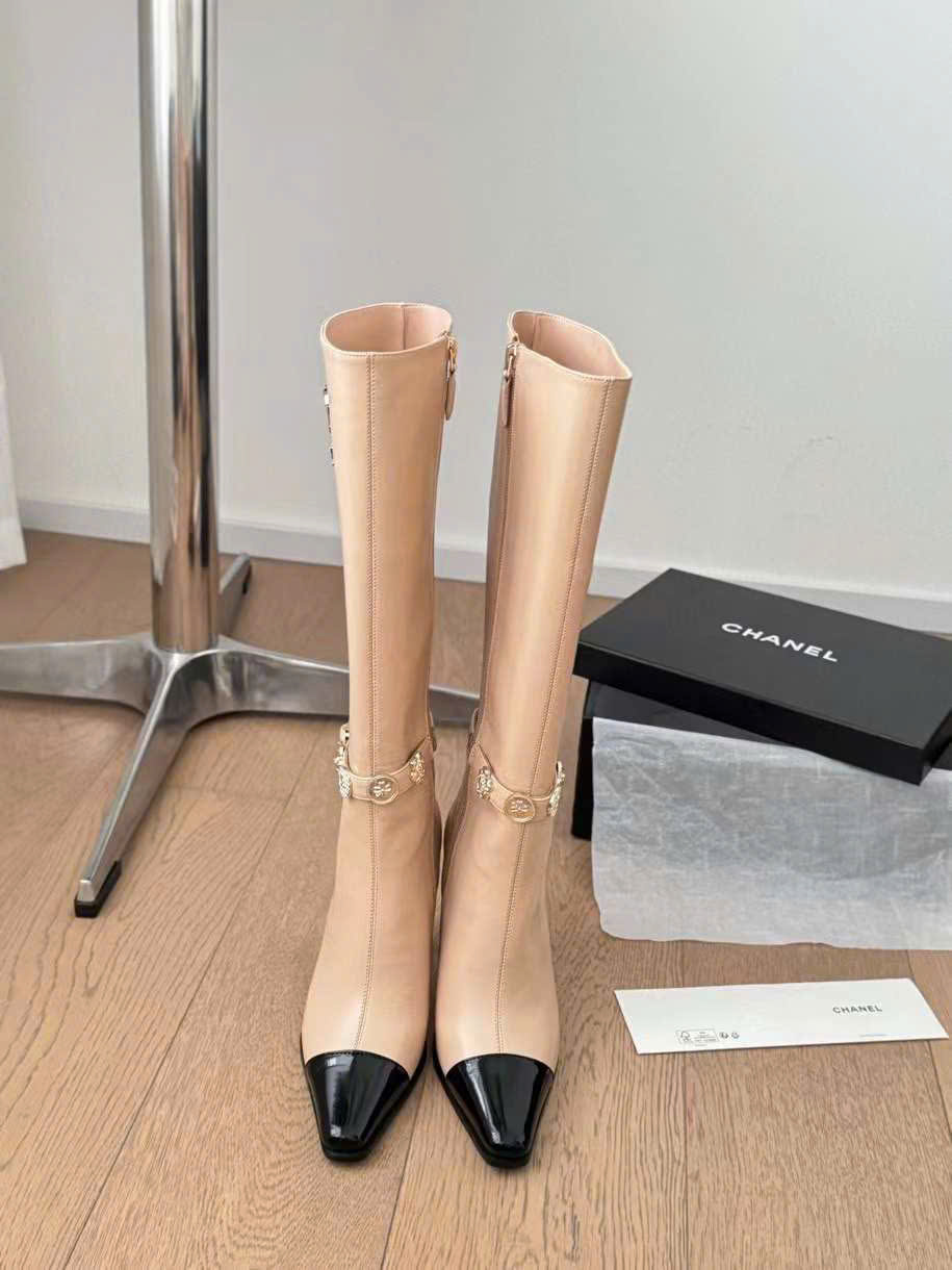 (1:1 replica) Chanel Leather Long Boots C Logo