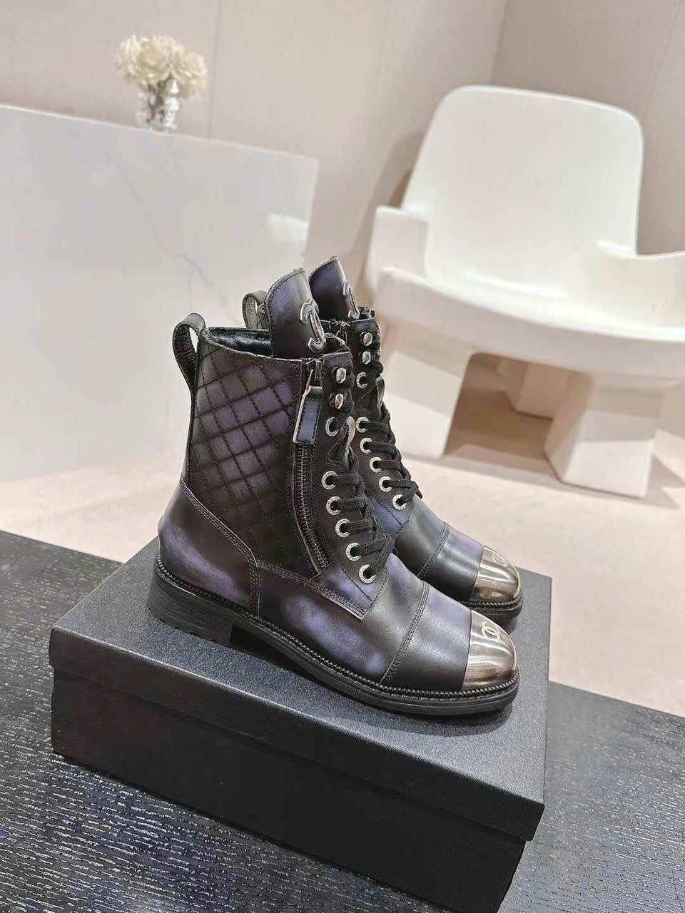 (1:1 replica) Chanel Leather Lace Up Ankle Boots