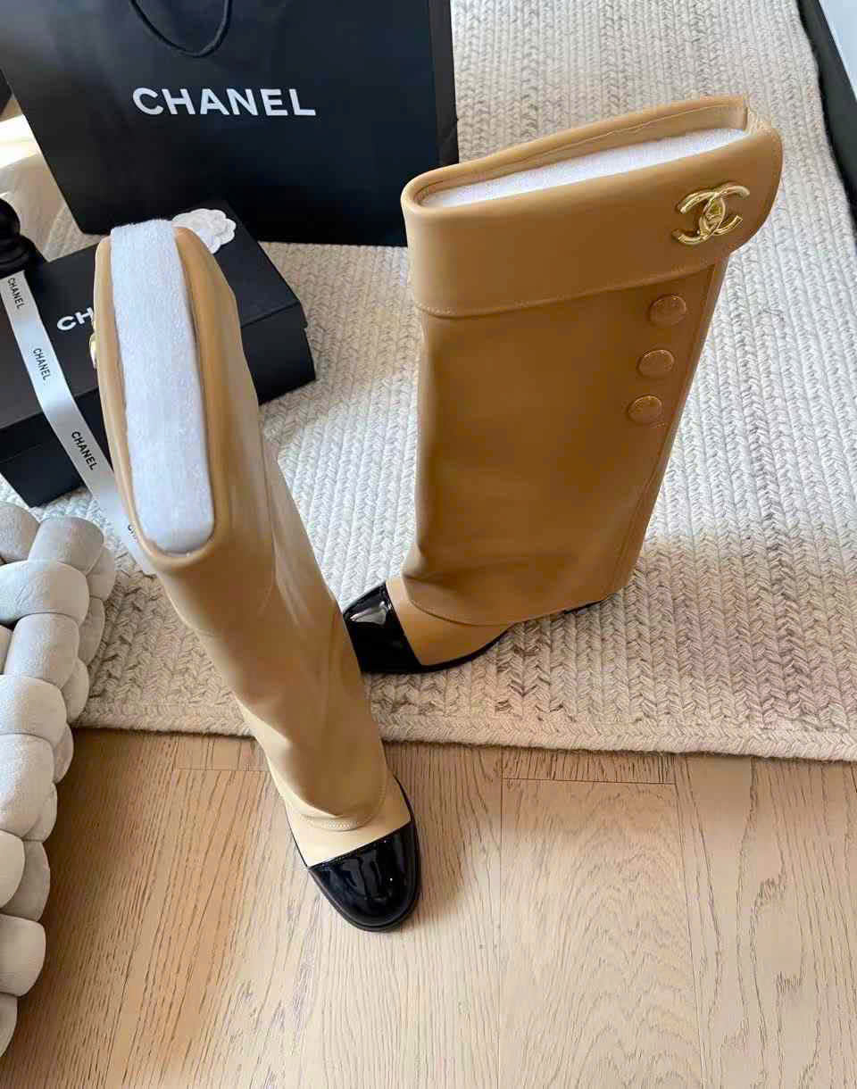 (1:1 replica) Chanel LeathermRound-Toe Knee-Hight Boots