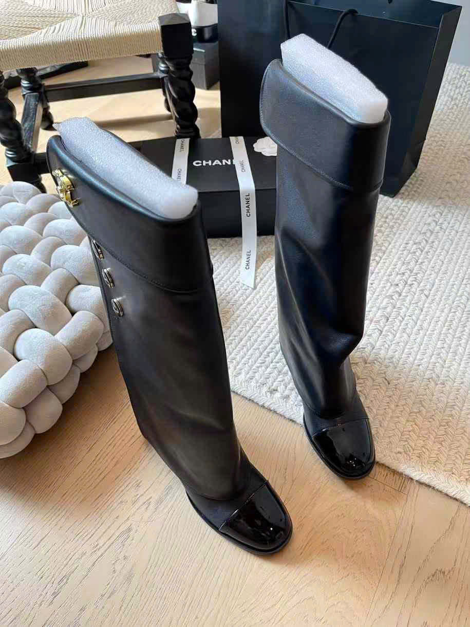 (1:1 replica) Chanel LeathermRound-Toe Knee-Hight Boots