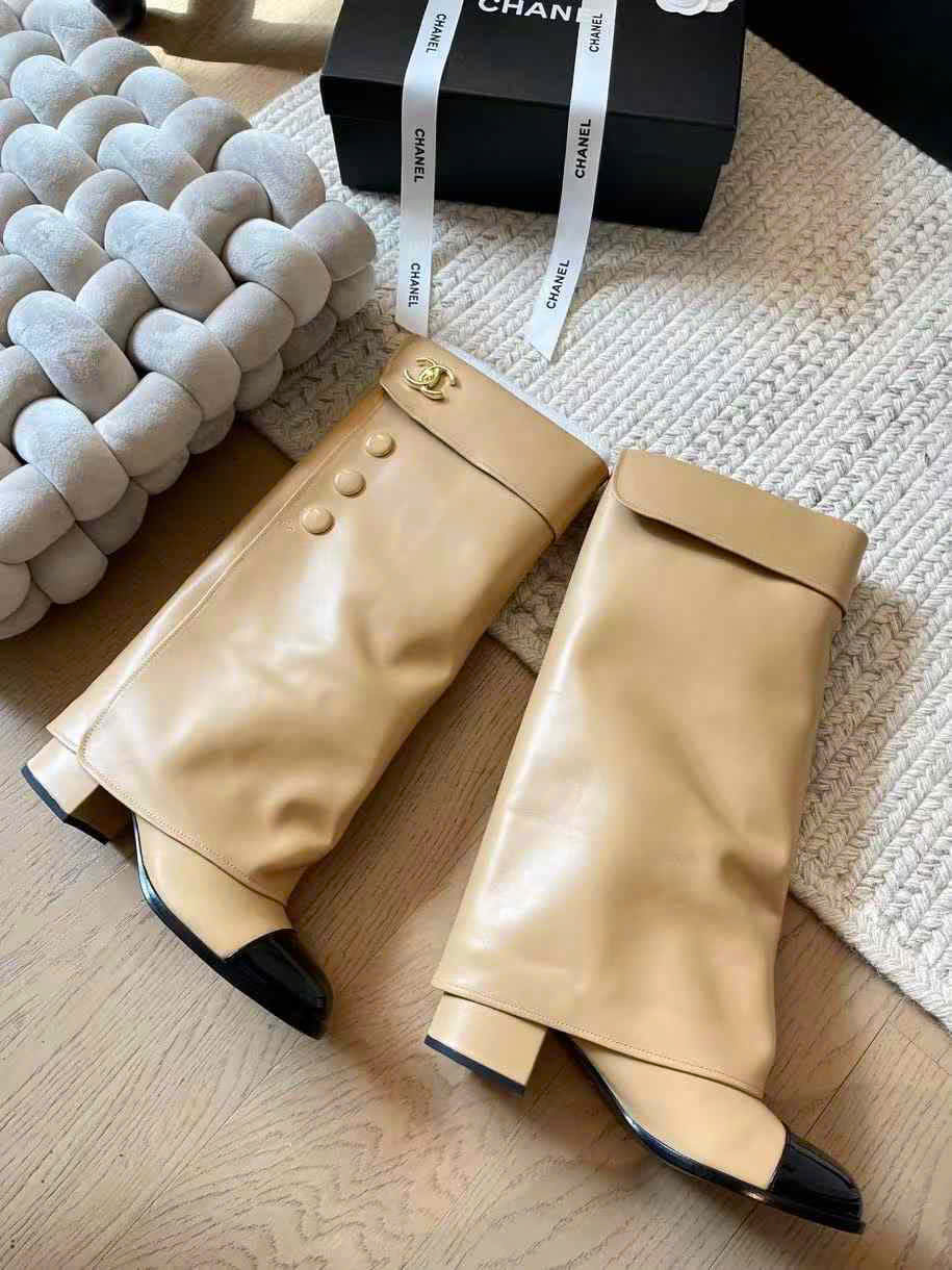 (1:1 replica) Chanel LeathermRound-Toe Knee-Hight Boots
