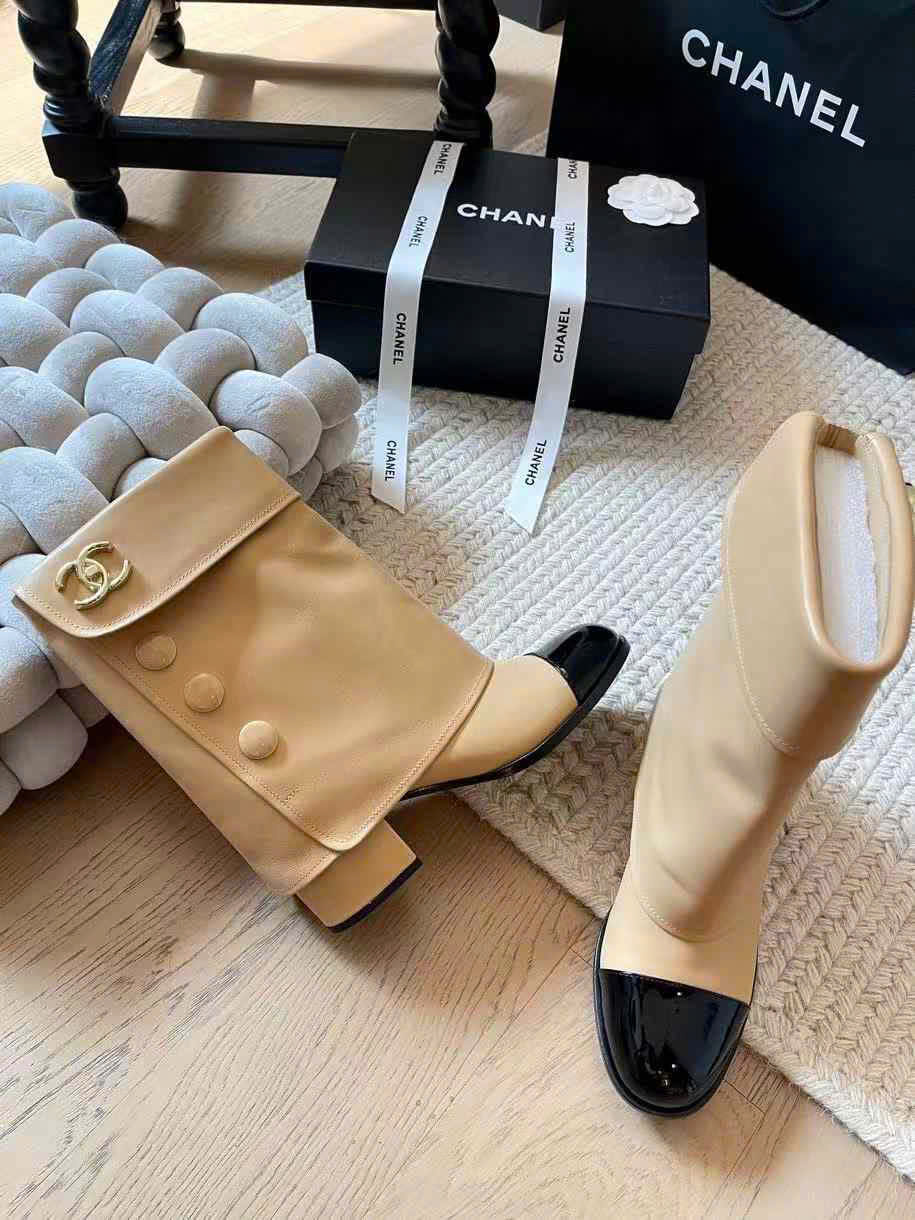 (1:1 replica) Chanel Leather Round-Toe Knee Boots