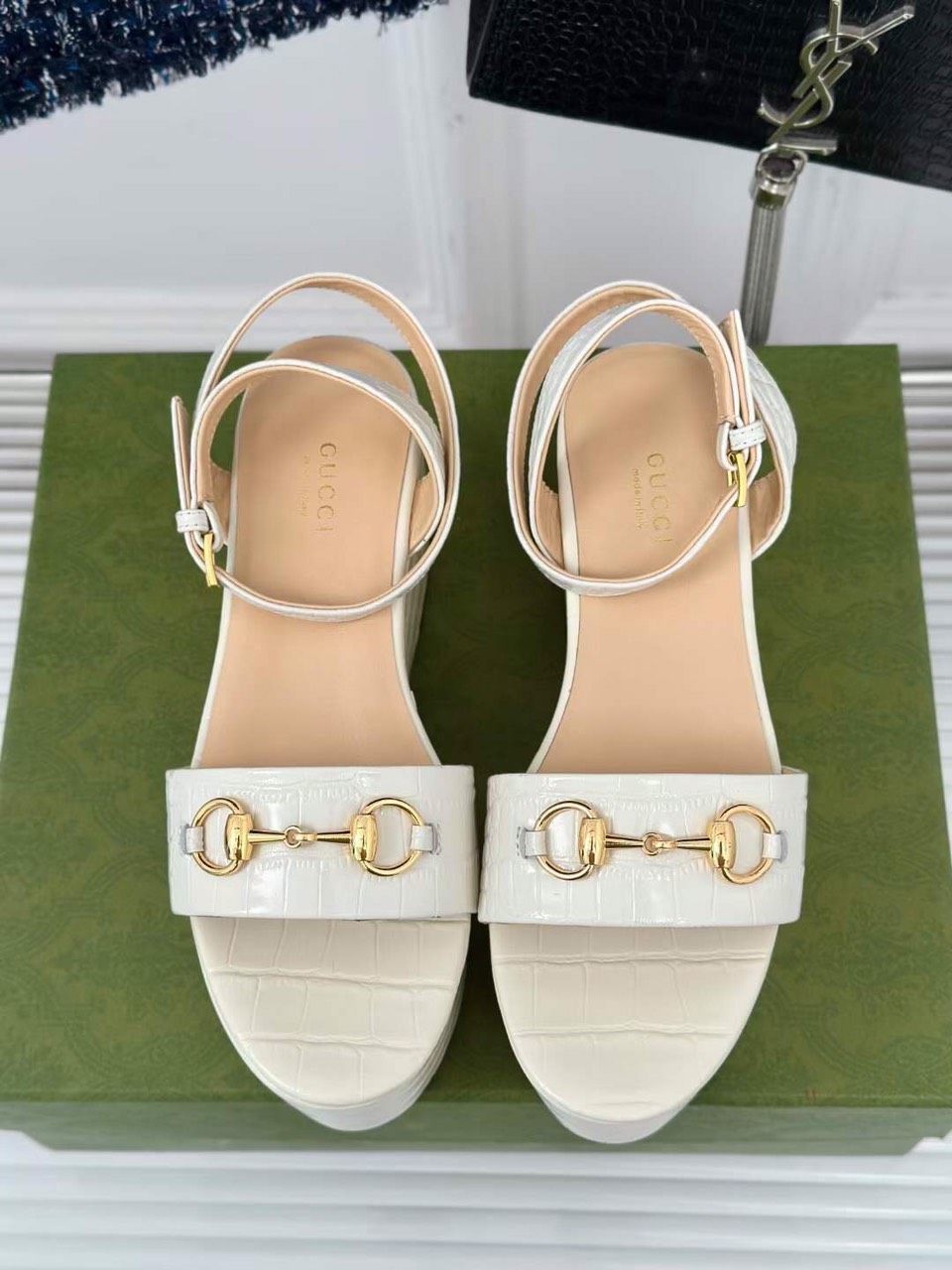 (1:1 replica) Gucci Horsebit Leather Women s Wedge Sandals 7.5cm