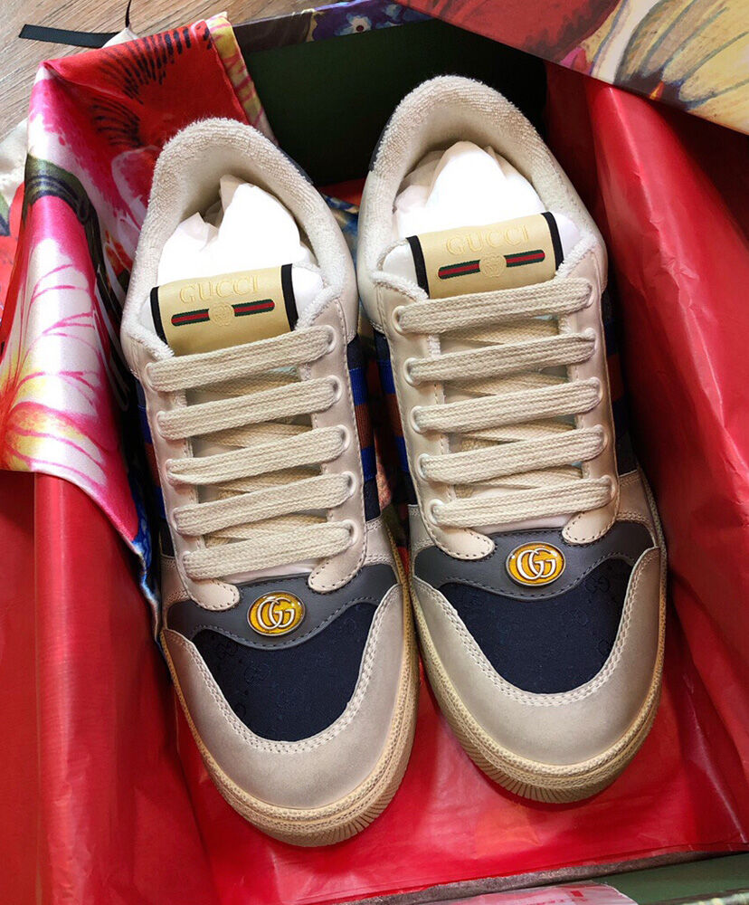 (1:1 replica) Gucci Unisex Mini GG Leather Screener Sneaker Dark Blue