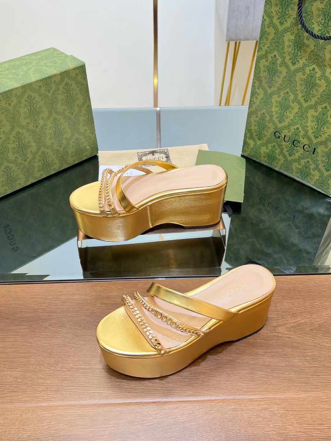 (1:1 replica) Gucci Leather Women s Wedge Sandals