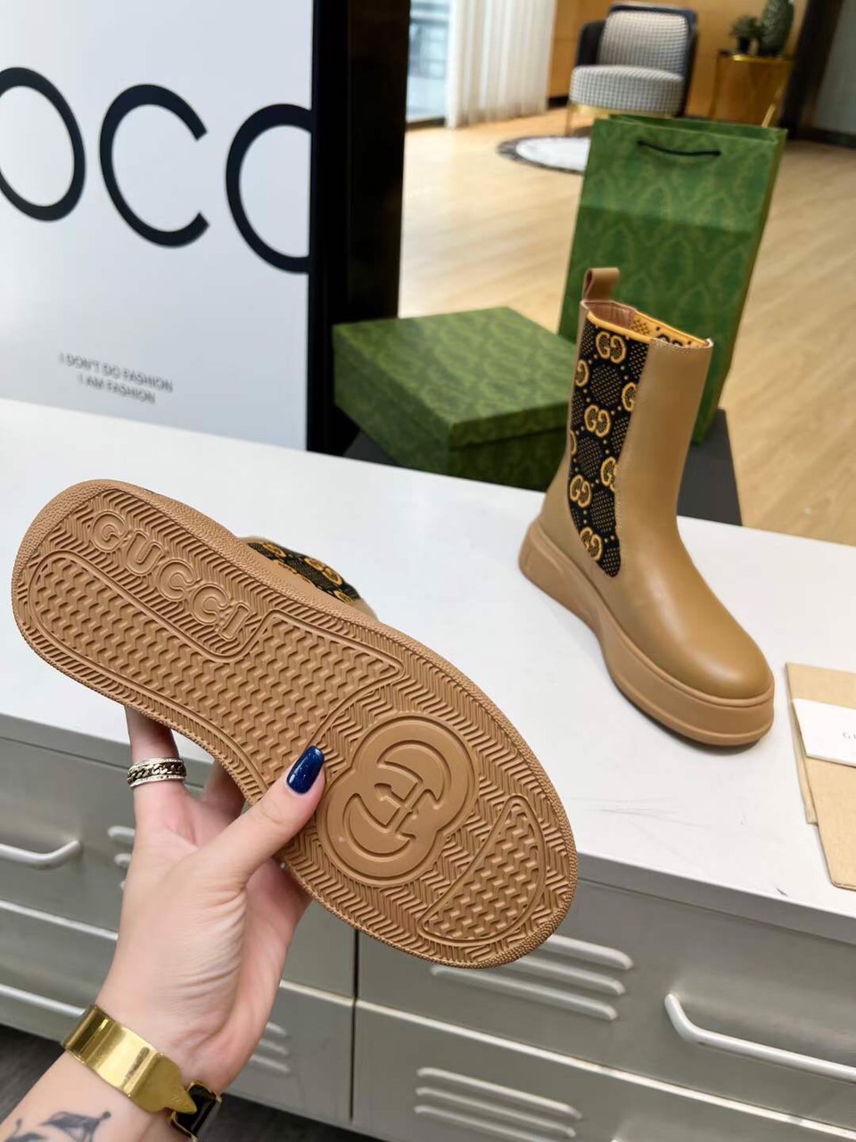 (1:1 replica) Gucci GG Knit Leather Bootie Women s 2023