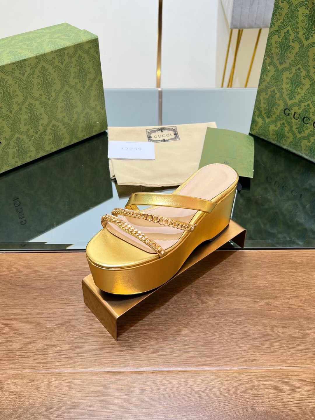 (1:1 replica) Gucci Leather Women s Wedge Sandals