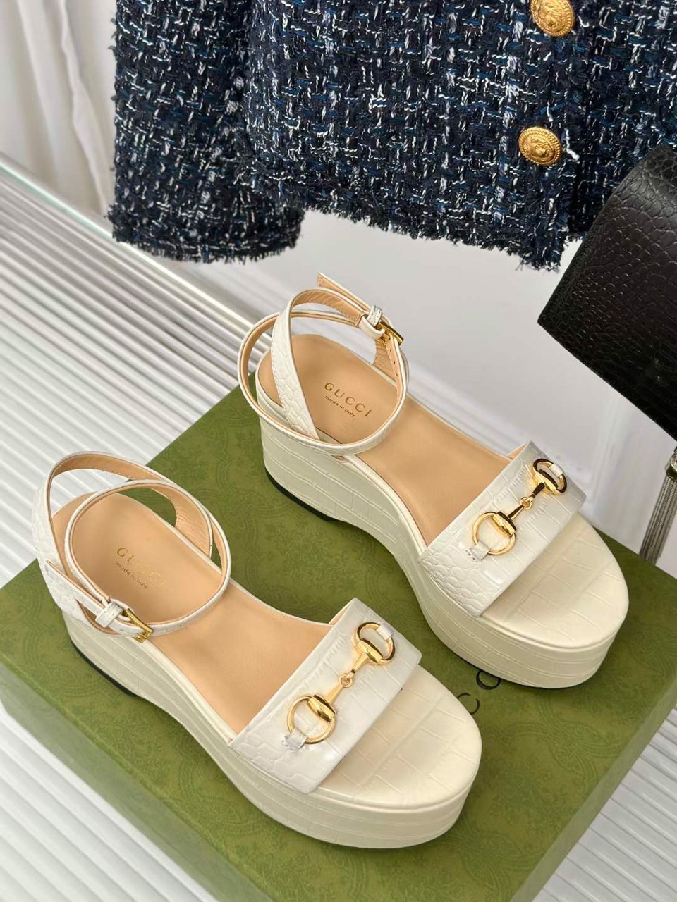 (1:1 replica) Gucci Horsebit Leather Women s Wedge Sandals 7.5cm