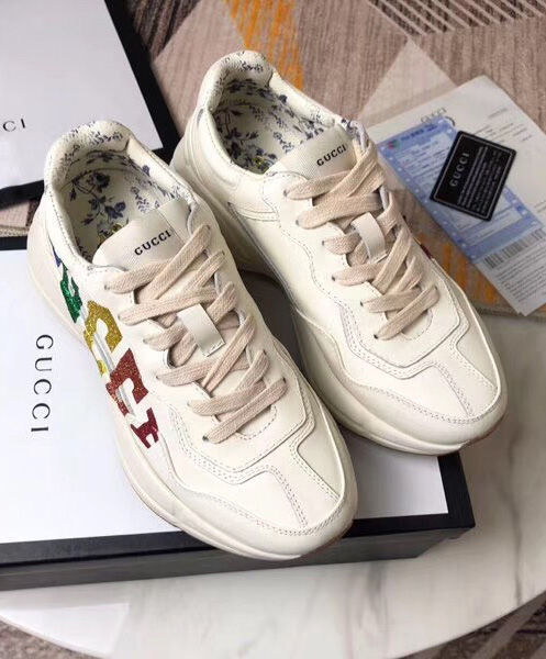 (1:1 replica) Gucci Unisex Rhyton glitter Gucci leather sneaker 524990 White