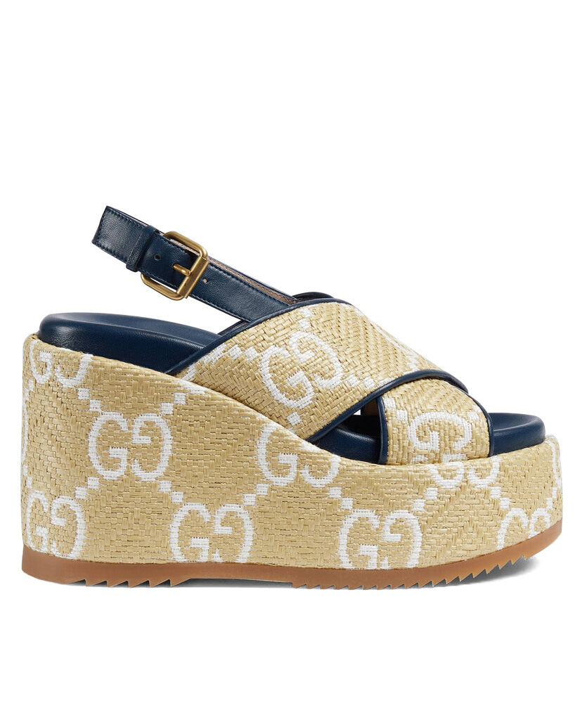 (1:1 replica) Gucci Women s GG Raffia Platform Sandal Cream