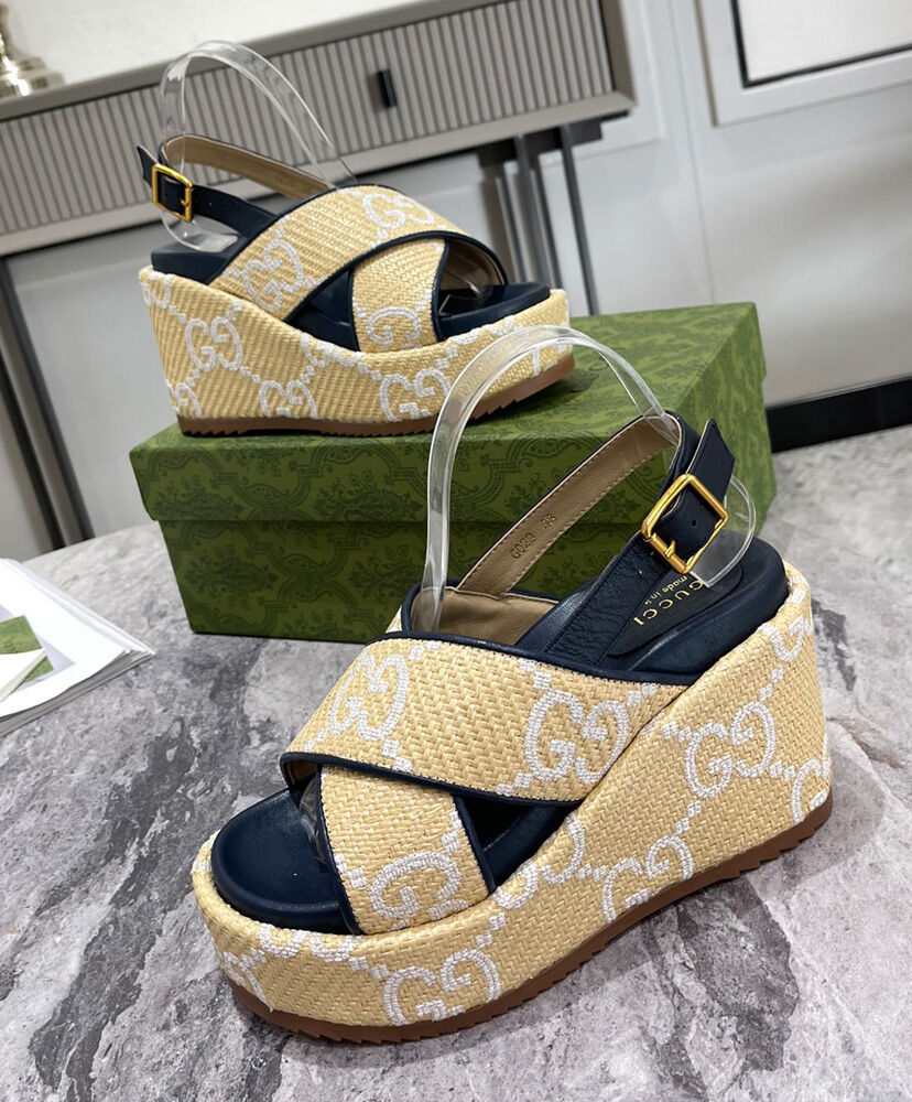 (1:1 replica) Gucci Women s GG Raffia Platform Sandal Cream
