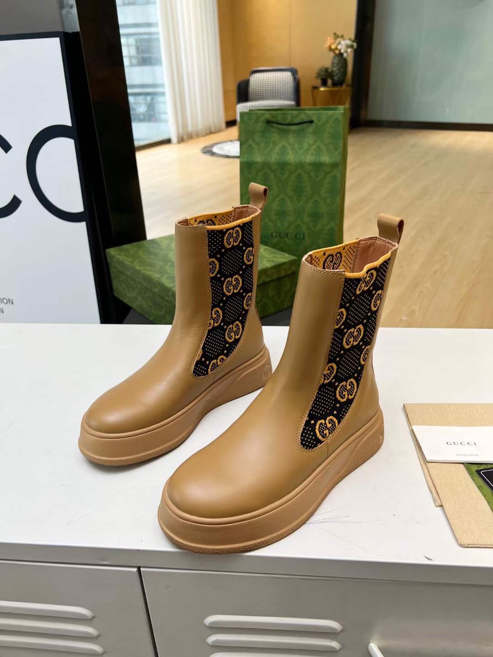 (1:1 replica) Gucci GG Knit Leather Bootie Women s 2023