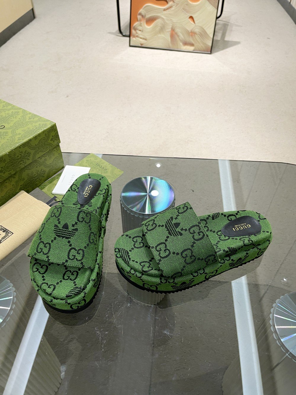 (1:1 replica) Gucci x Adidas Women s GG Platform Sandal Dark Green For Women GG