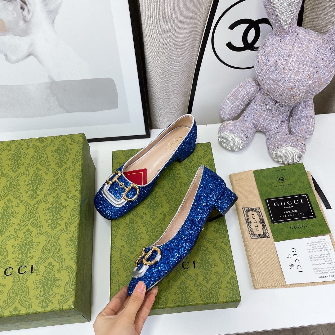 (1:1 replica) Gucci Lovelight Crystal Ballet Flat With Horsebit Blue For Women GG