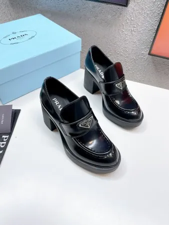 (1:1 replica) Prada Chocolate High-heeled Loafers In Black Brushed Leather PRL001