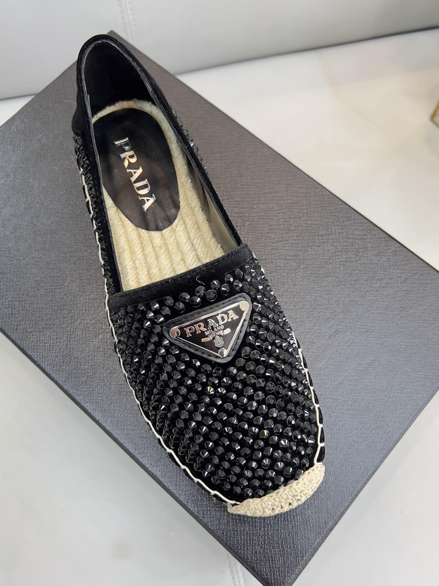 (1:1 replica) Prada Espadrillas With Crystals Black For Women 0.8in/20mm PRD