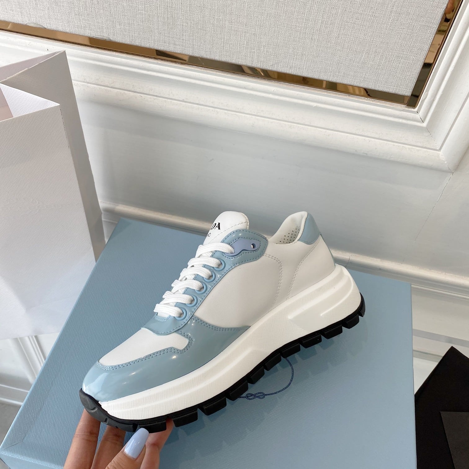 (1:1 replica) Prada Prax 01 Re-Nylon And Brushed Sneakers White And Blue For Women 1.8in/45mm PRD